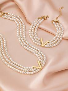 2pcs Elegant Minimalist Design Delicate Elegant Multi-Layer Faux Pearl Bracelet & Necklace Set, Suitable For Women's Daily Wear