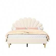 Letto matrimoniale 140 x 200 cm, testiera a forma di fiore, letto imbottito per bambina con doghe in legno, velluto, letto principessa a forma di petalo, camera da letto, beige/bordeaux, materasso non incluso