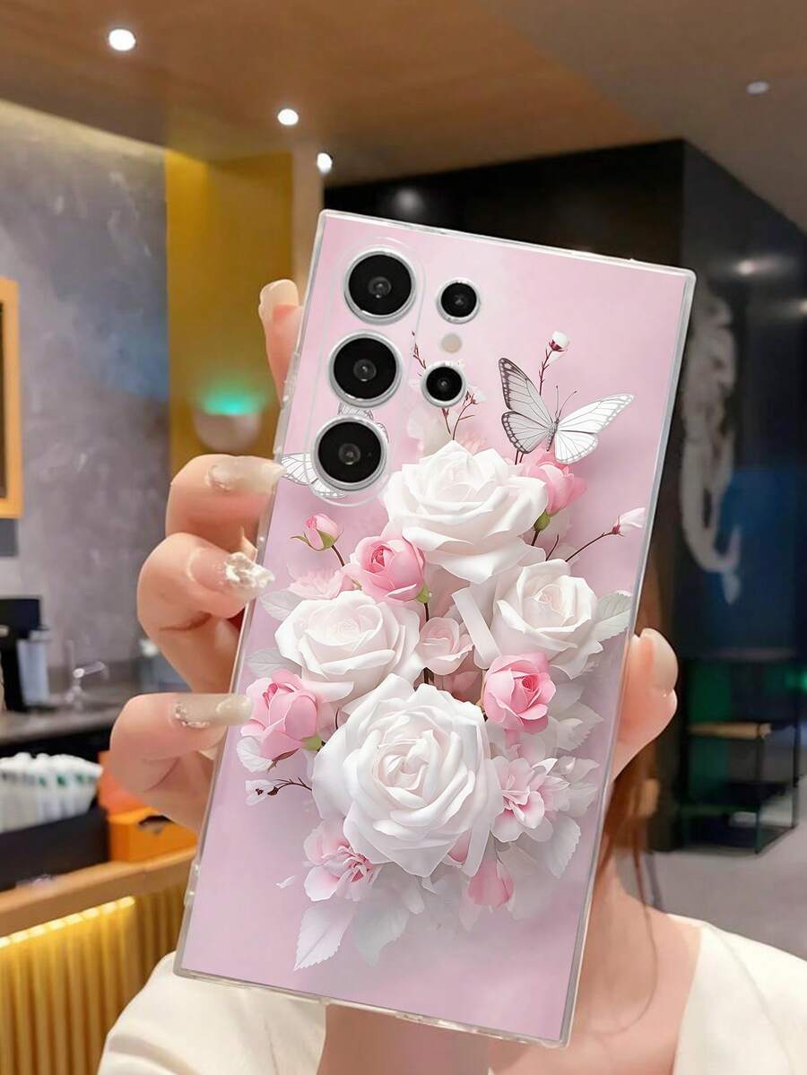 1 pieza Rosa Funda de teléfono transparente y suave con diseño de flor de rosa y mariposa, compatible con Samsung Galaxy A04e/12/A13/A14/A34/A50/A52/A53/A54/S21/S22/S23/S24/S25/S25Ultra, versión internacional, no la versión nacional - transparente - Ver 1
