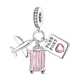 1 Pc Silver Color Classic Pink Enamel Zirconia World Travel Trip Heart Luggage Airplane Passport Pendant Charm Fit Snake Bracelet Necklace Beads For Diy Jewelry Making Women Girl Holiday Jewellery Gift