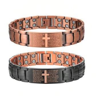 1pc Men's Adjustable Pure Copper Bracelet With Powerful Magnets, Cross Pattern Design, Includes Magnetic Tool For Easy Adjustable, Durable Casual Magnetic Bracelet