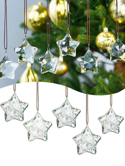 2pcs Crystal Glass Christmas Ornaments, Clear Faceted Glass Christmas Star Crystal Hanging Ornaments, Star Christmas Tree Decorations, For Christmas Party Decor, Xmas Tree Winter New Year Party Supplies Home Decor Christmas Decorations Room Decor