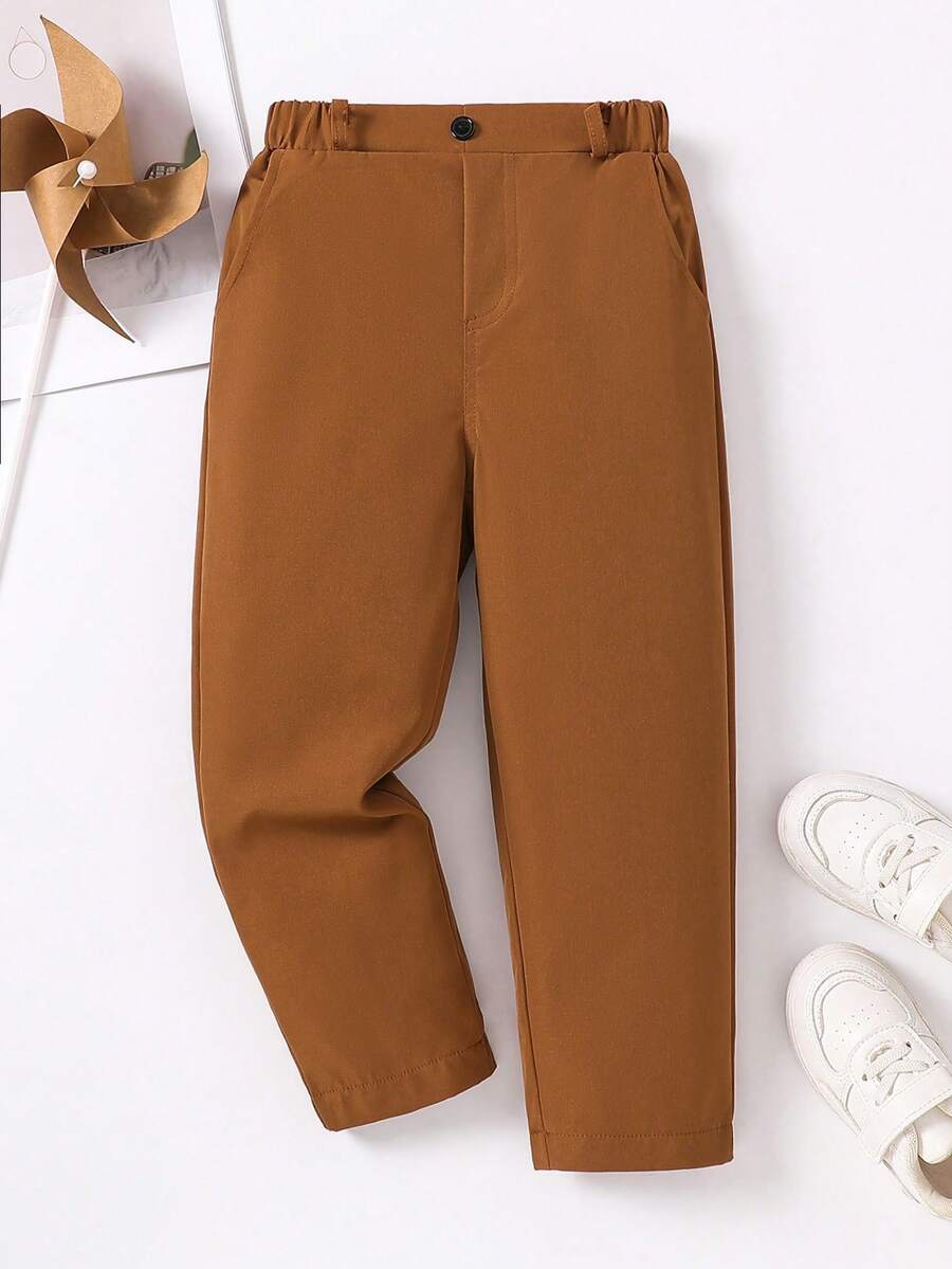 男童休闲纯色舒适长裤，适合日常外出、校园、聚会和度假 - 卡其色 - 查看 1