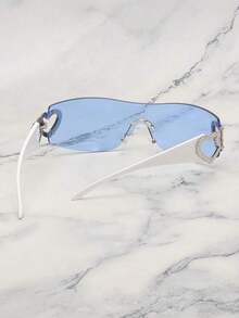 1pc Frameless Metal Heart Decor Y2K Style Fashion Glasses Women, Suitable Beach Party,, Vacation Shades Heart Street Y2k Style Oversized Wrap Frame Music Festival Preppy Style Back To School - 藍色 - 查看 3