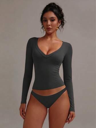 XLLAIS 女士V领纯棉T恤，弹力面料，灰色，柔软舒适，休闲长袖上衣