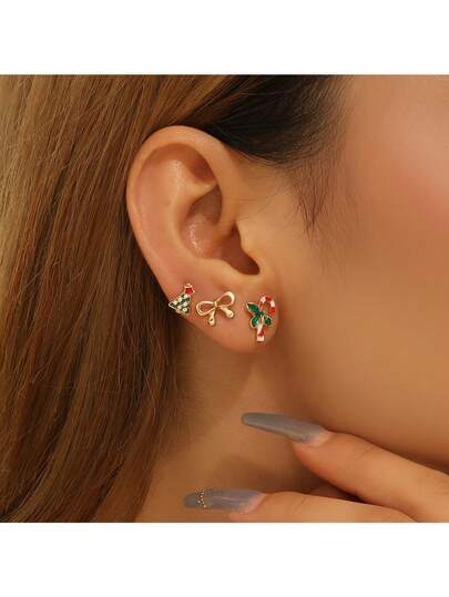 1 Pair Of Cute Christmas Crutches +1 Pair Of Christmas Bows +1 Pair Of Rhinocones Christmas Tree Design Jewelry Stud Sets, Christmas Eve Gifts