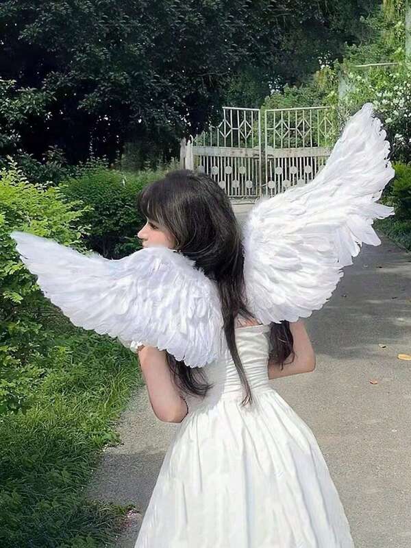 1pc Natural Feather White Angel Wings Set, Festival Angel Costume Prop, Suitable For Photography, Stage Performance, Cosplay