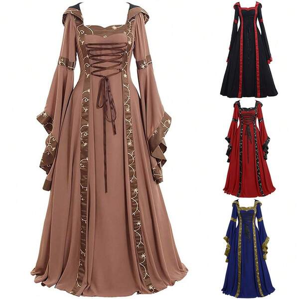 Vestido medieval retro con capucha, cuello cuadrado, unicolor, con delgadas rayas, mangas de trompeta y silueta evasé