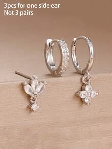 3PCS For One Side Ear Fashion White Zirconia Hanging Earrings Set For Women Stainless Steel Flower Dangle Earring Piercing Jewelry ﻿ - Silver-4# - View 3
