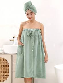 2 pièces Ensemble peignoir épais et bonnet de douche pour femmes grandes tailles - Vert menthe - Voir 10