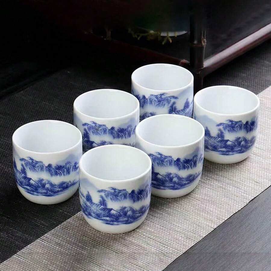 6 件复古中式陶瓷茶杯,高温烧制,带有精美的花卉贴花,适合家庭、餐厅和酒店使用 - 彩色 - 查看 1
