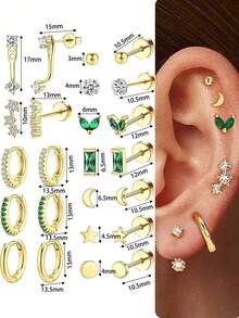 Bộ 6-24 khuyên tai đinh tán bằng thép không gỉ mạ vàng 18K, không gây dị ứng, khuyên tai sụn mini dạng vít dẹt unisex, trang sức xỏ khuyên, màu xanh trong suốt. - Bông tai - Xem 15
