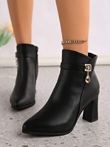 秋冬新款尖头女式粗高跟时尚靴子，英伦风踝靴 - 黑色 - 查看 4