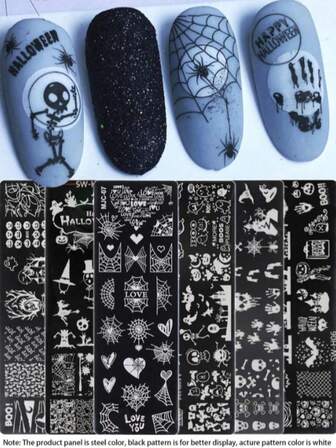 万圣节美甲印花板，卡通鬼心蜘蛛网蝙蝠南瓜魔术师印花斑马纹格子动物印花几何线条爱心设计 Y2k 风格印花模板美甲配件工具美甲沙龙（实际商品具有金属银色底色，照片中的黑色用于使设计更加清晰可见。）