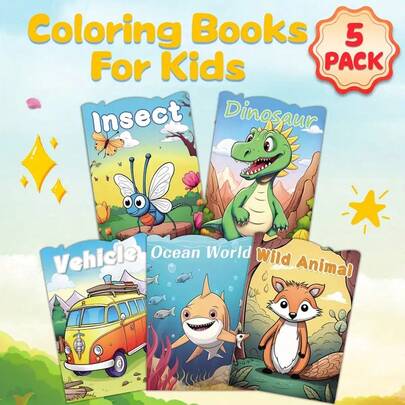 Zestaw 5 kolorowanek z motywami kreskówek dla dzieci w wieku 3+ lat: zabawne i edukacyjne książeczki z aktywnościami przedstawiającymi owady, dinozaury, pojazdy, świat oceanu i dzikiej przyrody – idealny prezent na urodziny, Boże Narodzenie, Halloween – rozwija kreatywność i umiejętności artystyczne u chłopców i dziewcząt