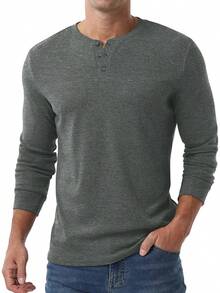Men's Henley Long Sleeve Casual Classic Button Pullover Tee - Styles - 深灰色 - 查看 5
