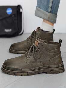 Men's High-Top Leather Motorcycle Boots, New Design, Thick Sole, Anti-Slip, Durable PU Leather, Waterproof, Oil-Resistant, Gradient Color, Distressed, Comfortable Stitching, Fashionable & Versatile Casual Short Boots, Soft & Comfortable For Work, Outdoor Hiking