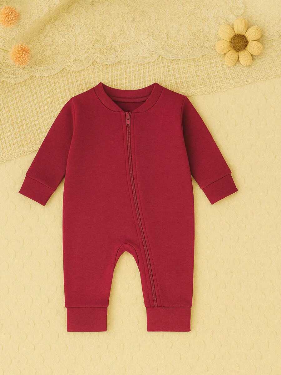 Baby's Zipper Footed Romper - Burgundy - View 1