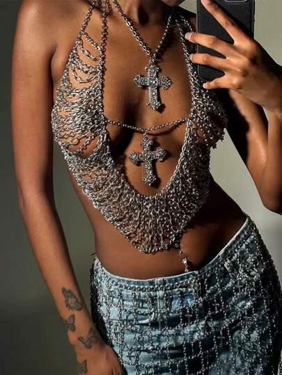 1pc Punk Style Metal Sexy Tassel Multi-Layer Chest Chain Necklace Spaghetti Strap Top, Plunging Neckline Slimming, Suitable For Nightclub, Music Festival, Stage Performance