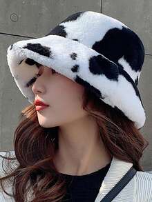 Classic Autumn/Winter New Solid Color Cow Print Faux Fur Fisherman Hat, Korean Fashion Faux Fur Fluffy Thick All-Match Casual Retro Party Streetwear Polyester Fiber Decorated Hat