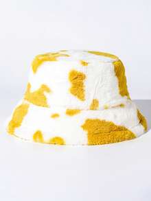 Classic Autumn/Winter New Solid Color Cow Print Faux Fur Fisherman Hat, Korean Fashion Faux Fur Fluffy Thick All-Match Casual Retro Party Streetwear Polyester Fiber Decorated Hat