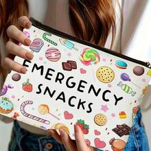1 pieza, Bolsa de cosméticos con estampado de patrón de "BOCADILLOS DE EMERGENCIA" de dibujos animados - con cremallera, estilo universitario con patrón de galletas de caramelo, bolsa reutilizable para medicamentos para viajes y cosméticos - adecuada para la escuela, decoración del hogar, almacenamiento de joyas, estuche para lápices, bolsa para bocadillos, monedero, uso diario, cumpleaños, maestro, regreso a la escuela, ceremonia de graduación, Acción de Gracias, Navidad, regalo de vacaciones de verano, artículos escolares, bolsa de viaje para mujeres, bolsa de maquillaje para viajes