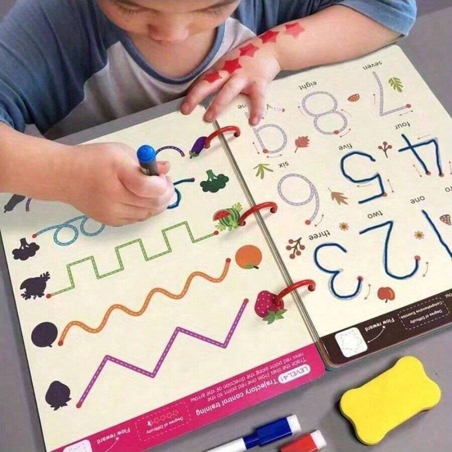 Sách bài tập 32 trang có thể tái sử dụng, bao gồm các bài tập viết số và chữ cái, rèn luyện kiểm soát bút và rèn luyện kiểm soát giáo dục vẽ, và phát triển kỹ năng viết, quà tặng Giáng sinh, quà Giáng sinh