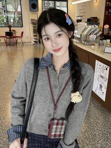 灰色长袖刺绣拼布polo领女开衫，可爱甜美，适合初秋通勤 - 灰色 - 查看 3