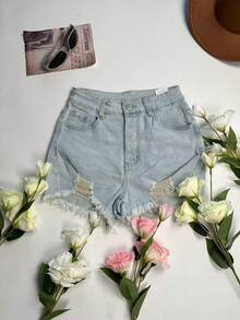 女士街头风水洗毛边弹力修身牛仔短裤，休闲日常穿着，带口袋，适合春夏和返校季 - 淺色水洗藍 - 查看 9