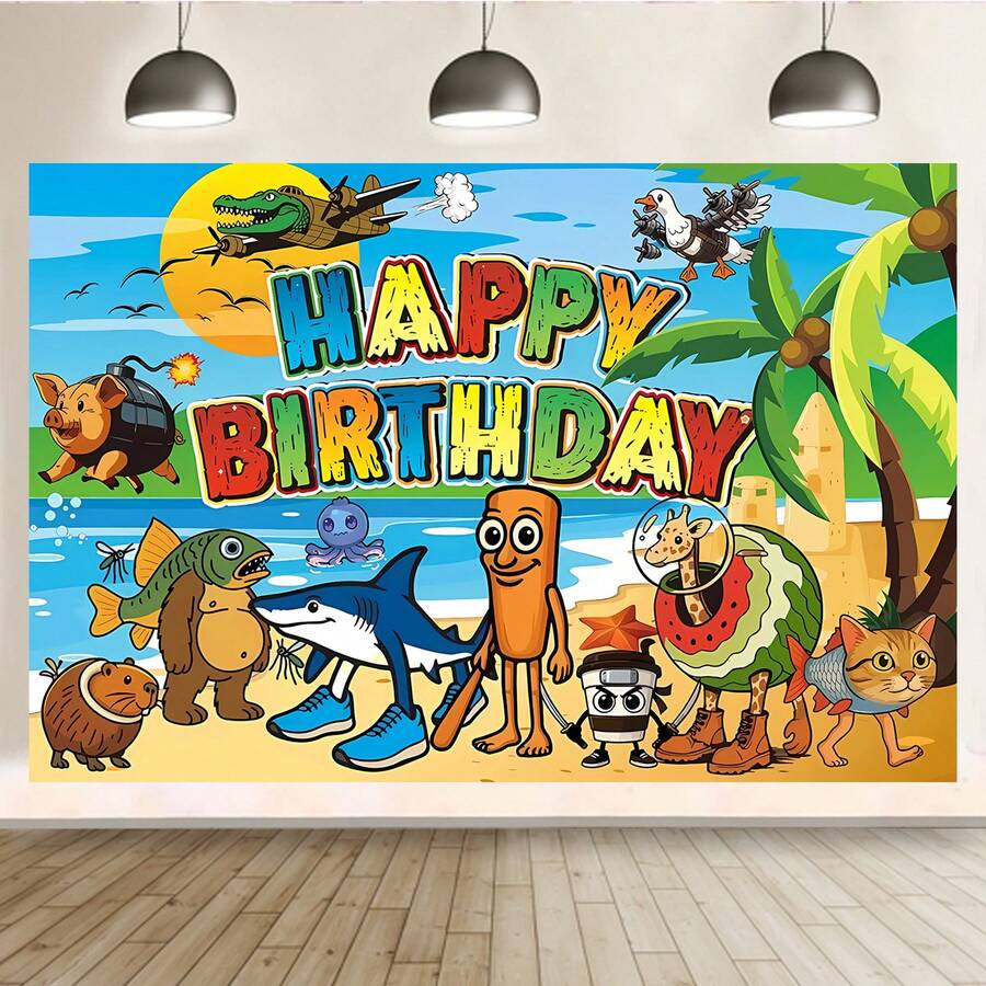 1pc-Italian Brainrot Birthday Party Decorations Set With Happy Birthday Banner, Balloons, Cupcake Toppers, Cartoon Animal Theme (Backdrop Banner)
