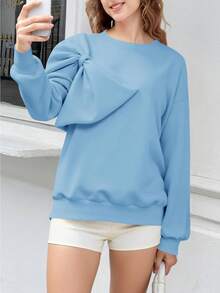 Fisoew Preppy Style Oversized Sweatshirt With Bow Tie Women Fall Vintage Crewneck Pullover Top Long Sleeve Blouse - 藍色 - 查看 3