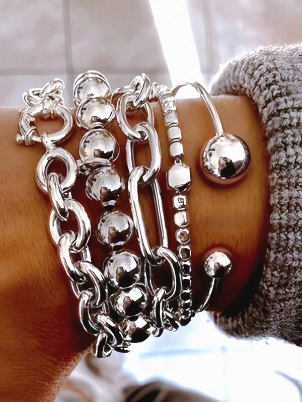 5 Stücke/2 Stücke Vintage Mode Hip Hop Streetstyle dicke Kette, elastische runde Perle, quadratische Perle, herzförmiges verstellbares mehrschichtiges Silberarmband Set, personalisiertes hochwertiges Armband geeignet für Männer und Frauen, Alltagsmode, Geschenk für Freunde, Familie, Freund, Weihnachten, Valentinstag, ganzjährig