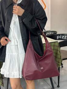 时尚勃艮第色手提包，大容量女士单肩包，设计感十足 - 酒紅色 - 查看 9