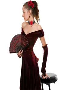 1件女款萬聖節服裝，傳統墨西哥流蘇玫瑰蕾絲披肩圍巾，墨西哥披肩花朵髮夾，孔雀亮片摺扇，弗朗明哥舞裙，亡靈之日（隨機尺寸、顏色與款式），派對 - 彩色 - 查看 5