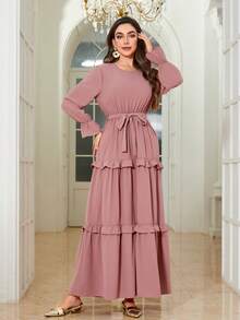 Women's Elegant Solid Color Simple Arabic Style Dress, All Season - Pink - View 10