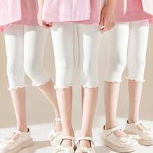3pcs/Set Kids Solid Color 7/10 Length Leggings With Ruffle Hem, Stretchy - White - View 11