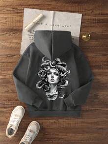 Sudadera con capucha de ajuste holgado con estampado gráfico y forro térmico para mujer, de moda y de manga larga, para invierno - Gris Oscuro - Ver 3