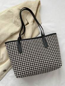 1 件大容量简约千鸟格铆钉装饰女士手提包 - 黑色 - 查看 5