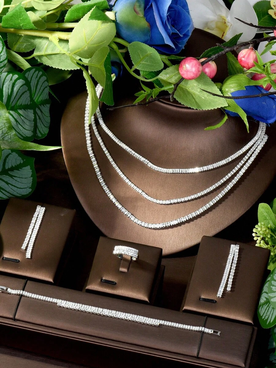 1 Conjunto Conjunto de Joias Romântico, Decoração Geométrica de Corrente Multicamadas de Zircônia Cúbica, Adequado para Acessórios Diários de Mulheres - Prata - Visão 1