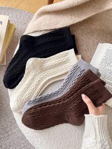 4 Pairs Women's Vintage Fashion Cable Knit Mid-Calf Socks, Warm Soft Casual Boat Socks, Suitable For Daily Wear And Outings, Autumn/Winter Season - Multicolor - View 6
