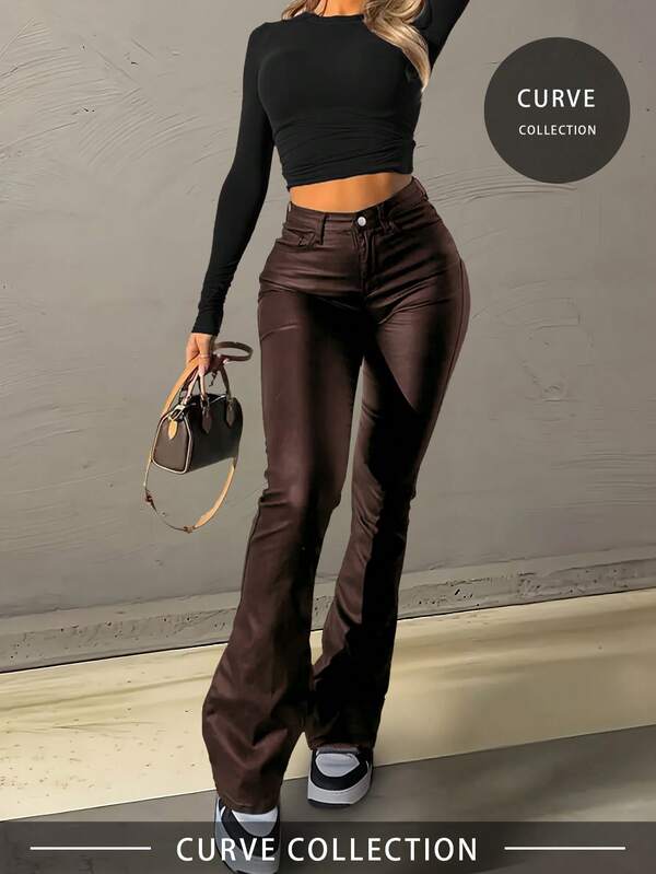 Spodnie z imitacji skóry z szerokimi nogawkami w dużych rozmiarach, wyszczuplające i wydłużające, odpowiednie na wiosnę i lato