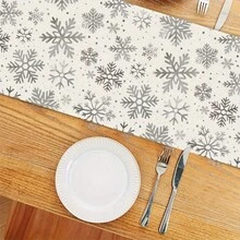 1pc Christmas Table Runner, Gray Snowflake Print, Minimalist Linen-Like Table Runner, Farmhouse Decor Cabinet Flag, Christmas, Winter Holiday Dining Table Decor, Suitable For Festivals, Weddings, Farmhouse Kitchen And Catering, Machine Washable - Grey - View 4