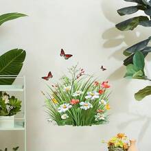 1 Stück grünes Gras, kleine Blumen & Schmetterling Selbstklebende Aufkleber, geeignet für Wohnzimmer, Schlafzimmer, Küche Heimdekoration, leicht zu entfernen