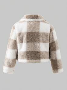 3pcs/Set Girls Solid Ribbed Fitted Set + Plaid Faux Fur Collar Jacket, Winter - Apricot - View 4