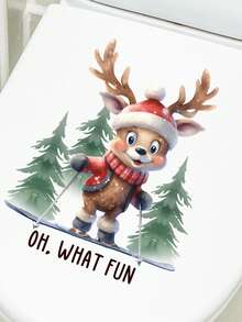 1 pieza Adorable pegatina de reno navideño - Decoración festiva para baño, inodoro y pared con gorro de Papá Noel, regalos y acentos de acebo, calcomanía de plástico autoadhesiva para decoración del hogar, decoraciones navideñas, pegatinas de pared