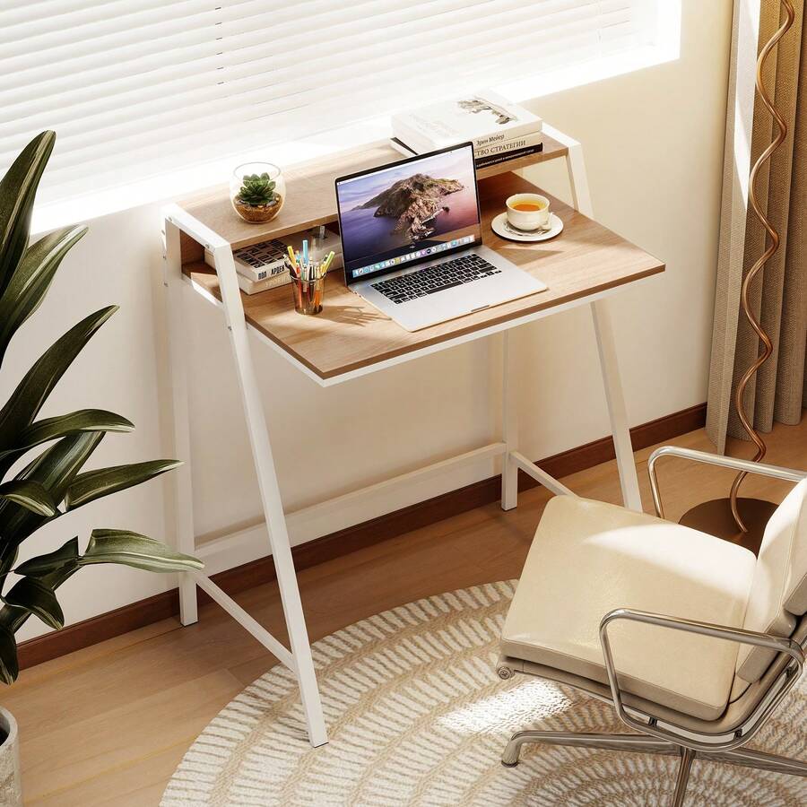 GOFLAME Computer Desk With Monitor Stand,80 Cm Small Desk Compact Desk With Ample Storage Space, 2-Tier Workstation Desk, Space-Saving Study Writing Table Dressing Table With Trapezoidal Structure For Home Office - Khaki - View 1