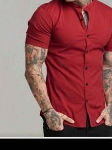 Men's Priest Collar Shirt - 酒紅色 - 查看 2
