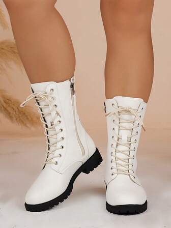 Women's Fashion Versatile Lace-Up Mid-Calf Boots, Motorcycle Boots, Short Boots, High-Top Anti-Slip Boots, Casual Comfortable Side Zipper Outdoor Boots, Riding Outdoor Black Boots, Autumn/Winter Boots, Outdoor Boots, Over-The-Knee Boots