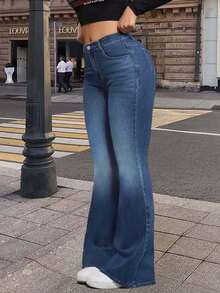 Jeans Acampanados de Tiro Alto para Mujer - Pantalones de Campana de Denim Elástico Azul Marino Elegante con Diseño Clásico de Cinco Bolsillos, Tejido de Poliéster Cómodo para Uso Diario - azul - Ver 2