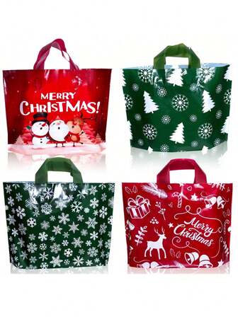 10pcs Reusable Christmas Holiday Gift Bags, New Year Present Bags With Santa Claus, Reindeer, Snowman And "Merry Christmas" Patterns, Suitable For Holiday Parties And Surprise Occasions, With Sturdy Handles, For Christmas Gifts And Winter Party Favors